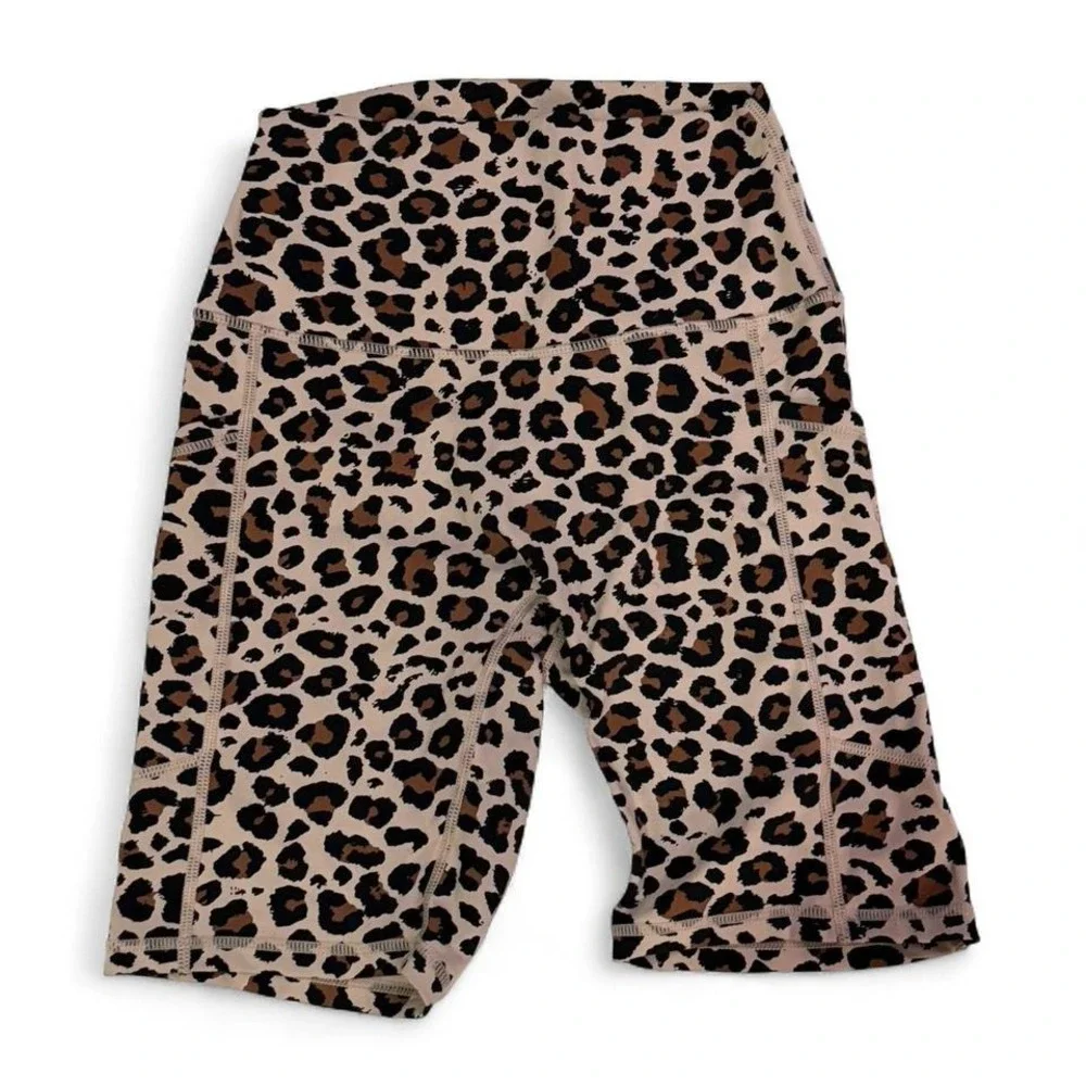Leopard Print Biker Shorts Tan Small High Waisted Athleisure Gym